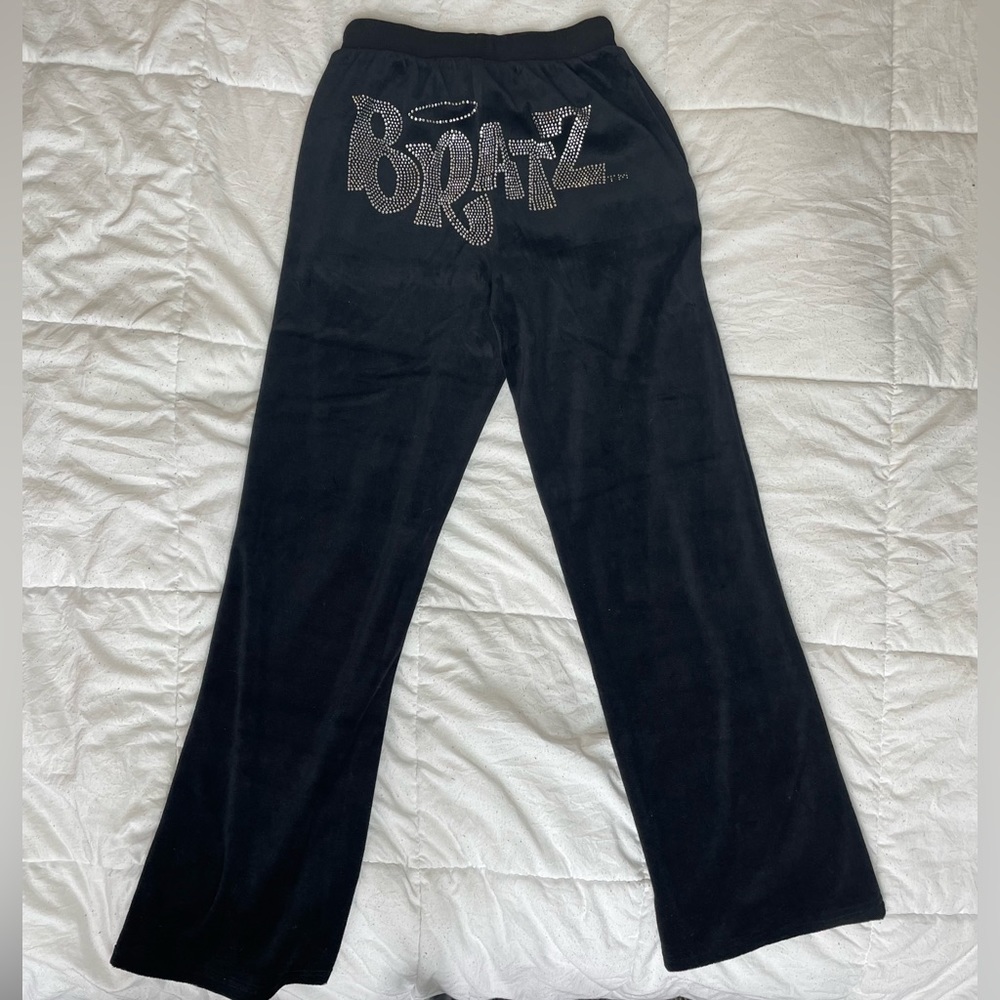 Black Velour BRATz Keep It Glossy Wide Leg Bedazzled Track Pant Size XXS NWT